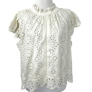 Jennifer & Grace Eyelet Lace Blouse Cotton Ruffle Neck Boho Cottagecore L
